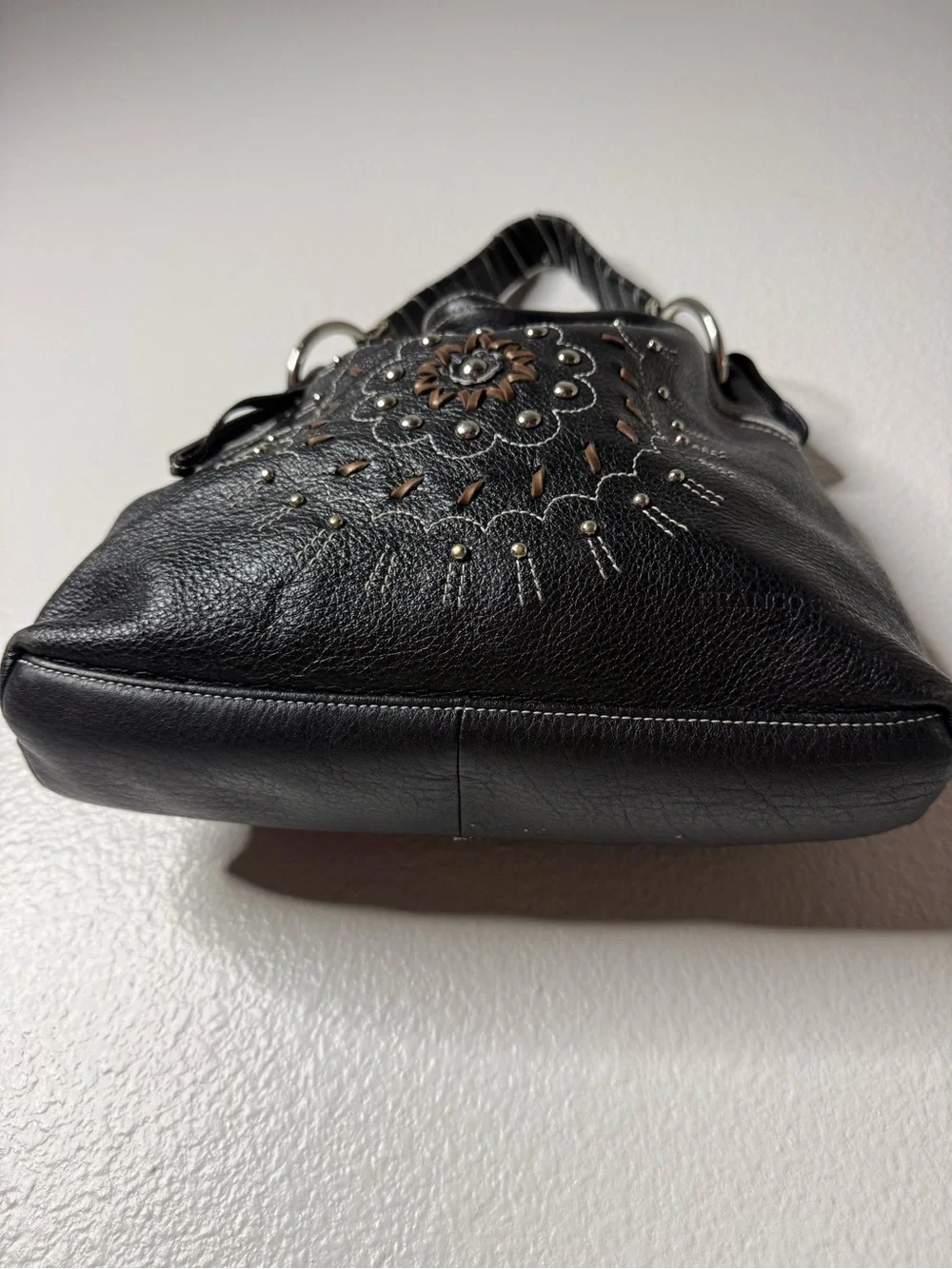 Franco Sarto Black Leather Studded Floral Hobo Shoulder Bag